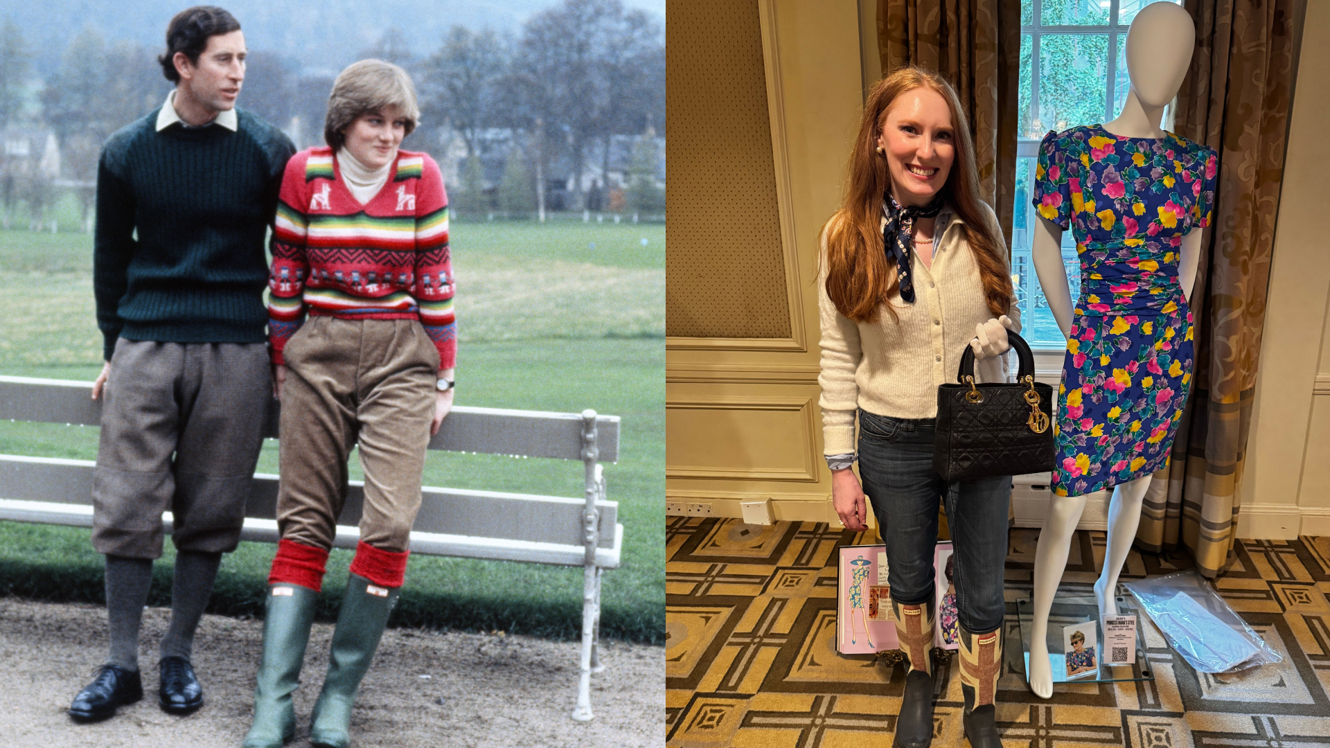 Prince Charles and Princess Diana wearing boots leaning on a bench; Kristin Contino wearing Union Jack boots standing in front of a mannequin wearing a blue floral dress