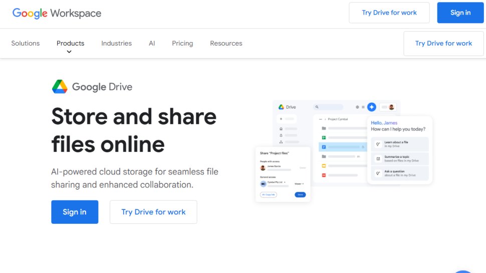 Website screenshot of Google Drive (August, 2025)