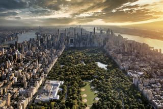 Helicopter Aerial View Of Midtown Manhattan At Sunset, New York City, USA