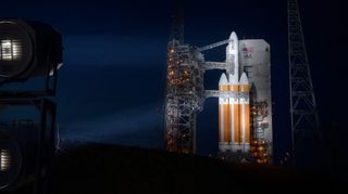 The United Launch Alliance Delta IV Heavy rocket with the Parker Solar Probe onboard is seen shortly after the Mobile Service Tower was rolled back, Friday, Aug. 10, 2018, Launch Complex 37 at Cape Canaveral Air Force Station in Florida.