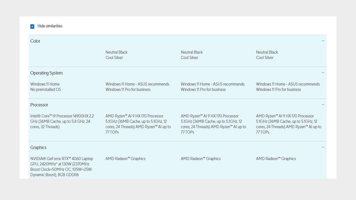 Asus product comparison page showing different AMD CPU nomenclature