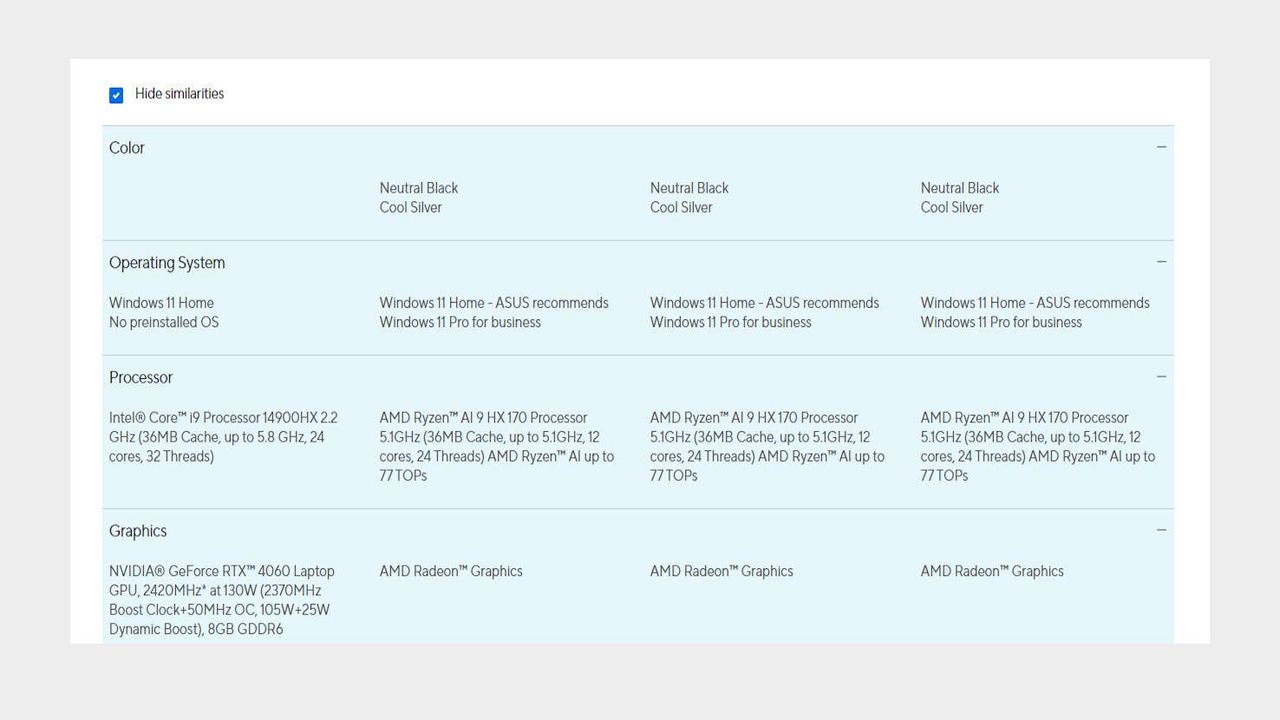 Asus product comparison page showing different AMD CPU nomenclature