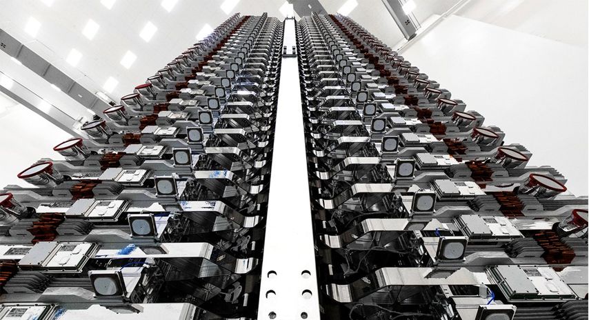A look at SpaceX's 60 Starlink satellites packed like sardines in the Falcon 9 rocket payload fairing ahead of a May 23, 2019 launch from Cape Canaveral Air Force Station, Florida.