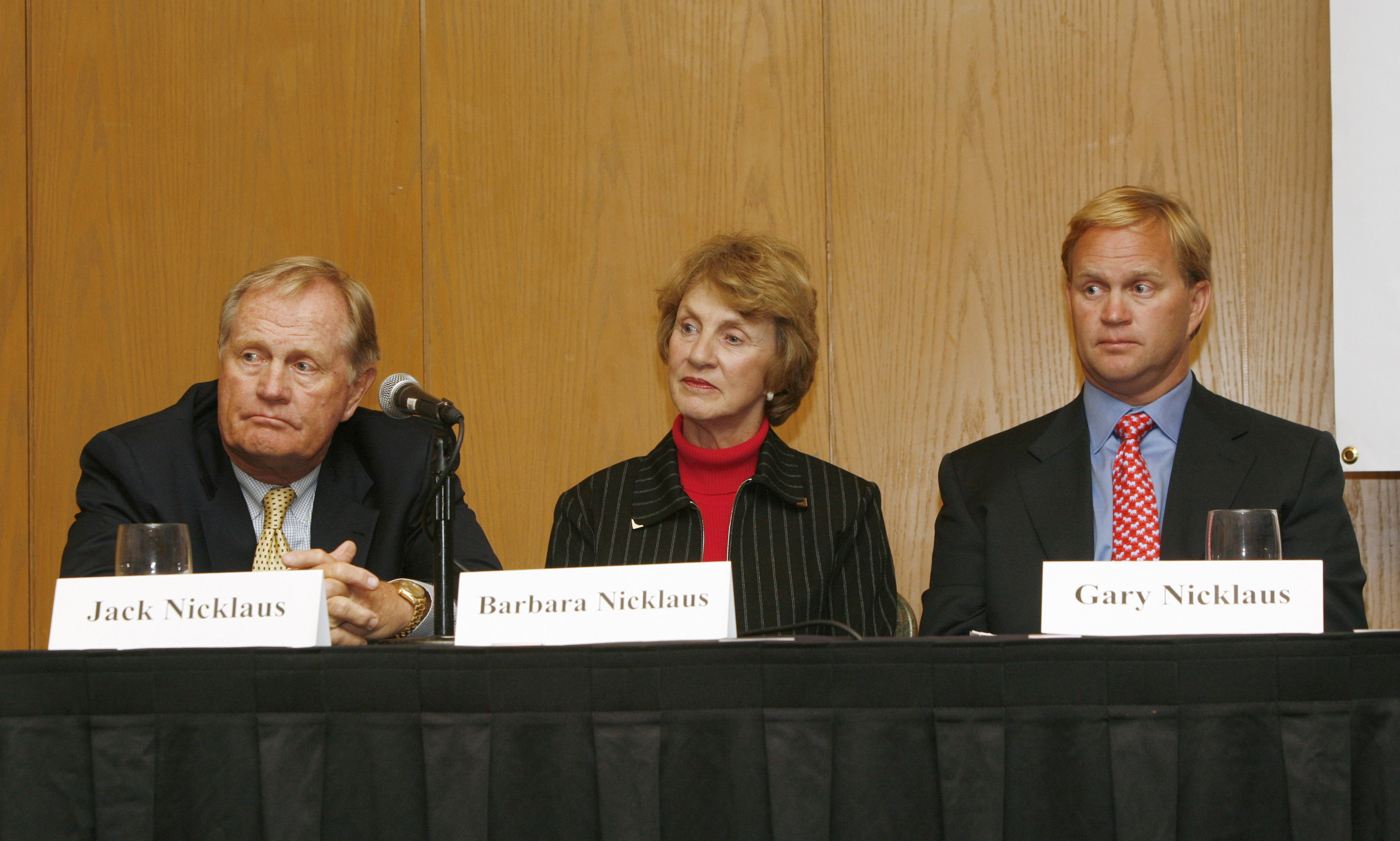 Jack Nicklaus, Barbara Nicklaus and Gary Nicklaus speaking during the pre-tournament press conference at the 2006 Honda Classic