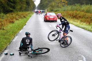 ROUBAIX FRANCE OCTOBER 03 LR Jonas Van Genechten of Belgium and Team BB Hotels PB KTM and Mitchell Docker of Australia and Team EF Education Nippo react after crash during the 118th ParisRoubaix 2021 Mens Eilte a 2577km race from Compigne to Roubaix ParisRoubaix on October 03 2021 in Roubaix France Photo by Tim de WaeleGetty Images