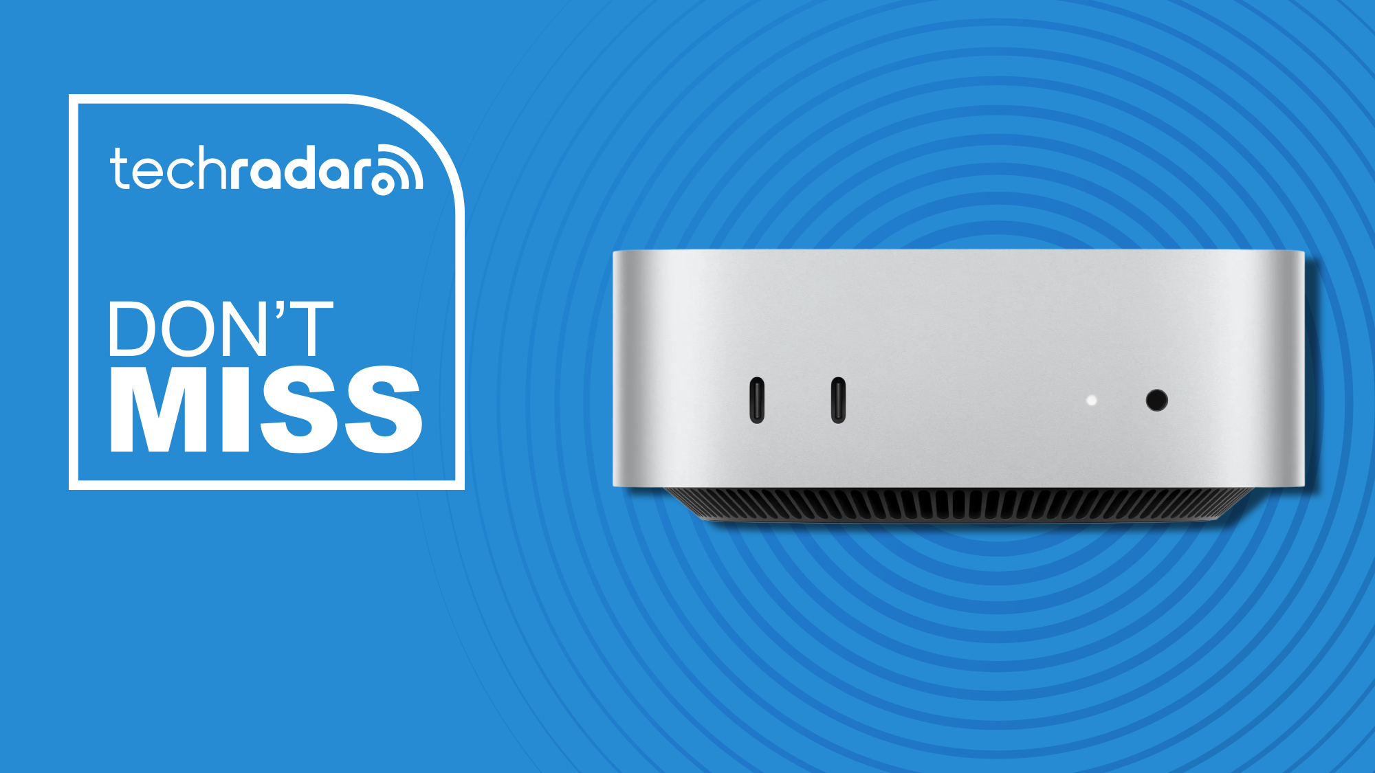 Apple Mac mini M4 against a blue TechRadar deals background