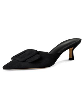 Volrina Kitten Heel Mules Sandals for Women Pointed Toe Square Buckle Backless Slip on Suede Stiletto Dress Heeled Sandals Wedding Party Shoes Black 8.5