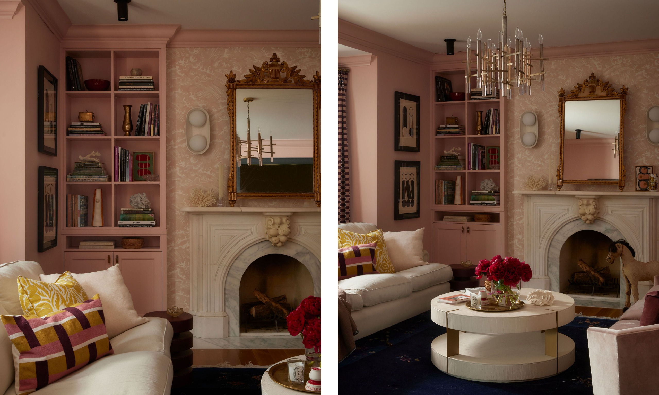 Two images of a living room with plaster pink walls and built-ins, and light pink patterned wallpaper on the fireplace wall. A vintage chandelier and mirror, a cream sofa with pink and yellow cushions, and a modern coffee table.