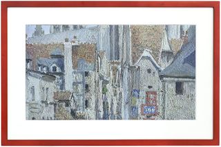Best NFT displays: a painting of houses in a red wooden frame