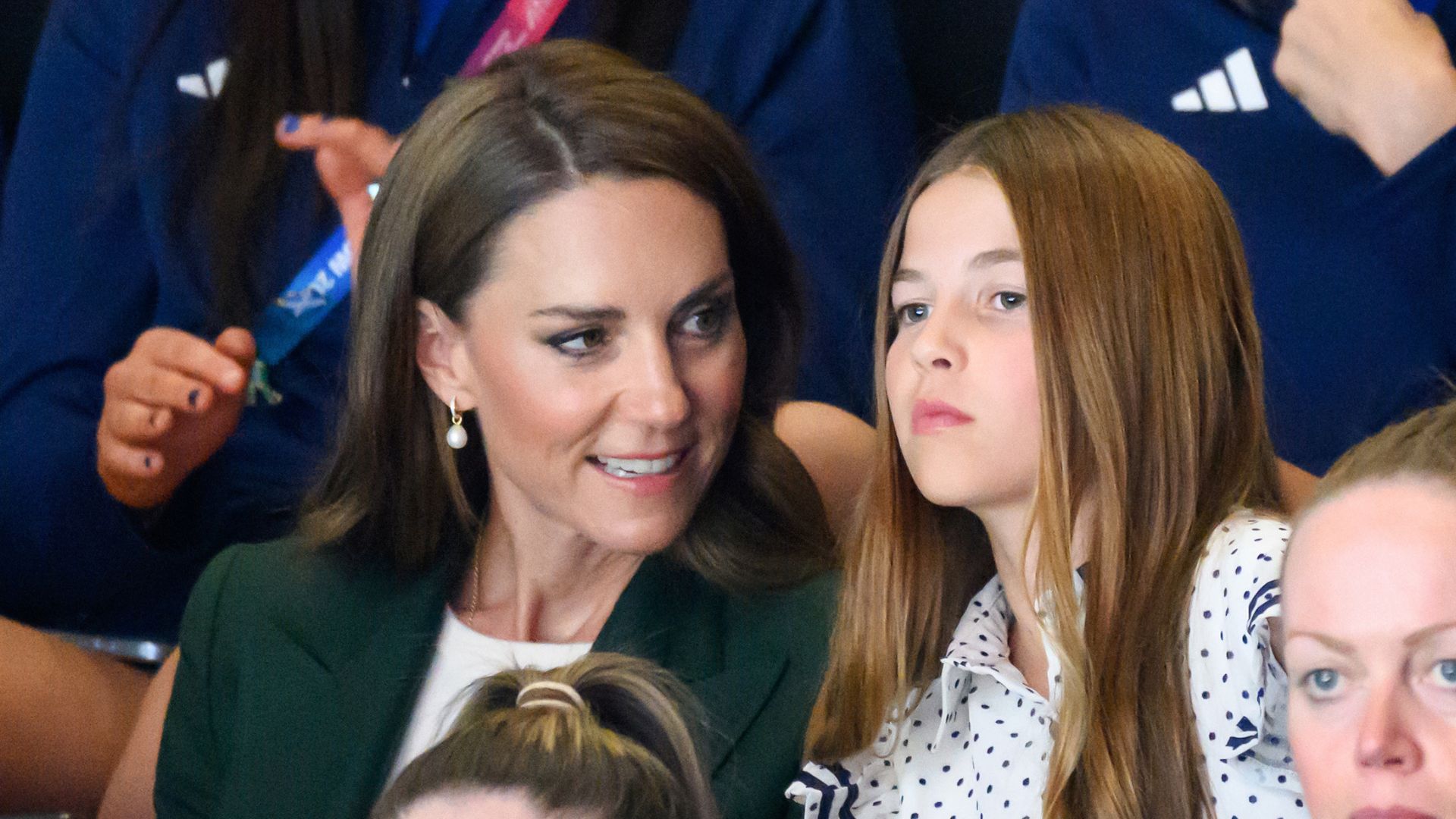 Kate Middleton and Princess Charlotte watch the netball semi-final match between Team Australia and Team Jamaica during the 2026 Commonwealth Games