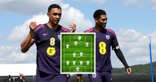 Trent Alexander-Arnold with Jude Bellingham in England training. An inset image shows a formation from Football Manager