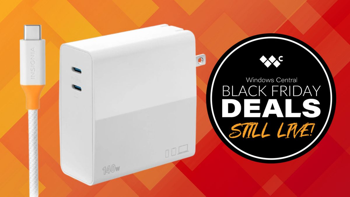 Insignia USB-C charger with a Black Friday deal graphic.