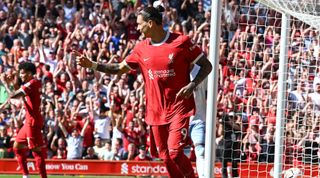 Darwin Nunez of Liverpool celebrates after a goal