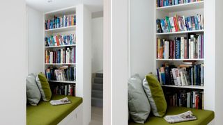 Small reading nook with a green velvet cushioned seat with a slim bookshelf with books to suggest a bookshelf idea for small rooms