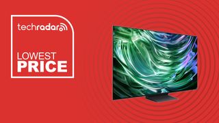 The Samsung S90D OLED TV on a red background next to TechRadar lowest price badge