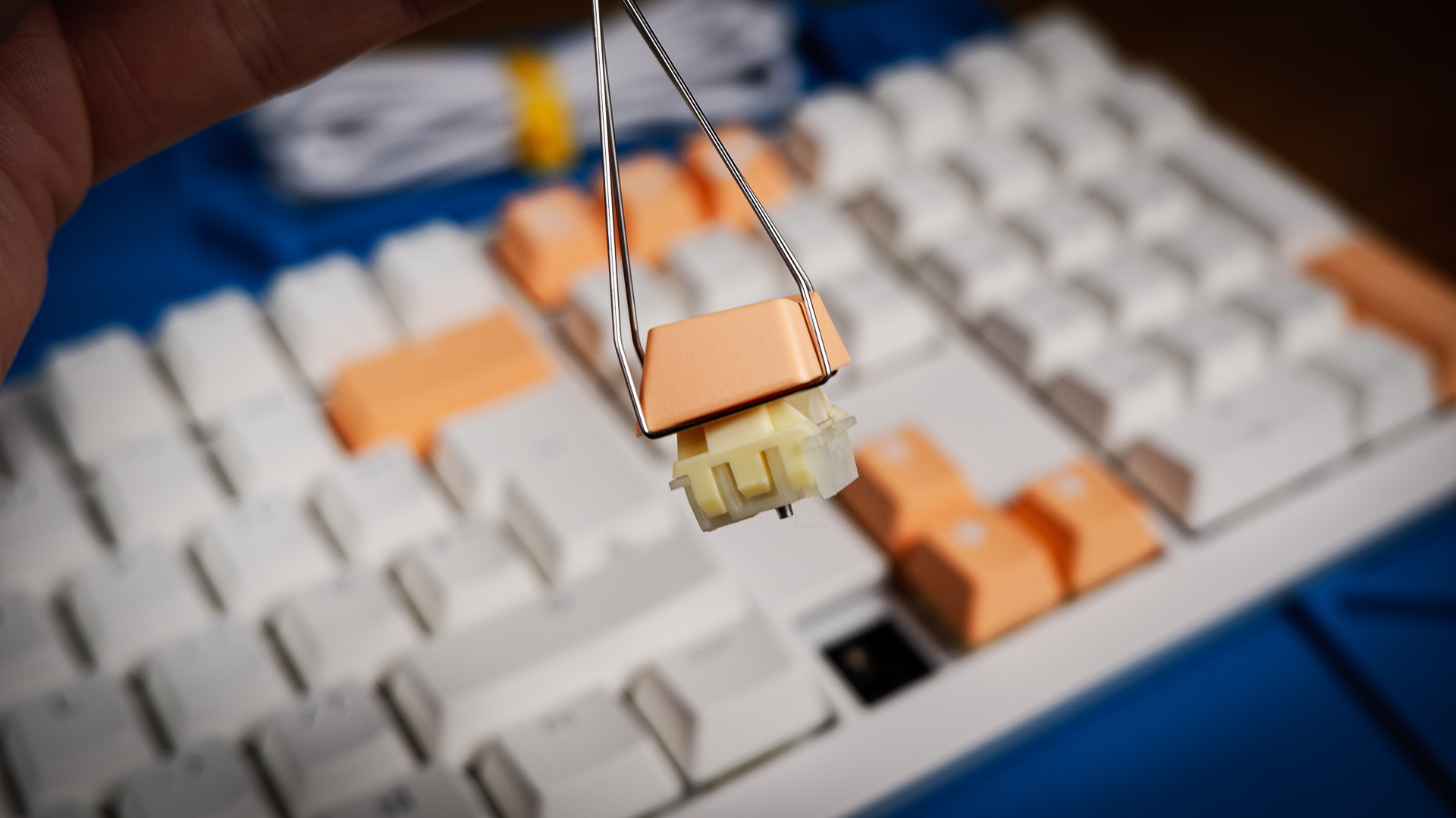 The Ducky One X induction gaming keyboard on a blue mat on a desk, with keycaps removed.