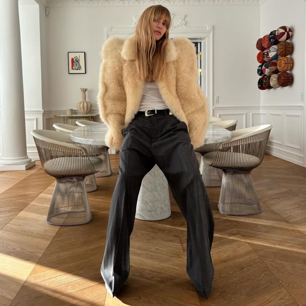 pernille teisbaek in a fur coat, white tank and tailored trousers