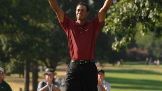 Tiger Woods celebrates winning the 2007 PGA Championship at Southern Hills