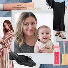 collage of a fashion editor Jennifer Camp Forbes along with her latest fashion and beauty picks for chic moms like dresses, satin skirts, lipsticks, and lotion