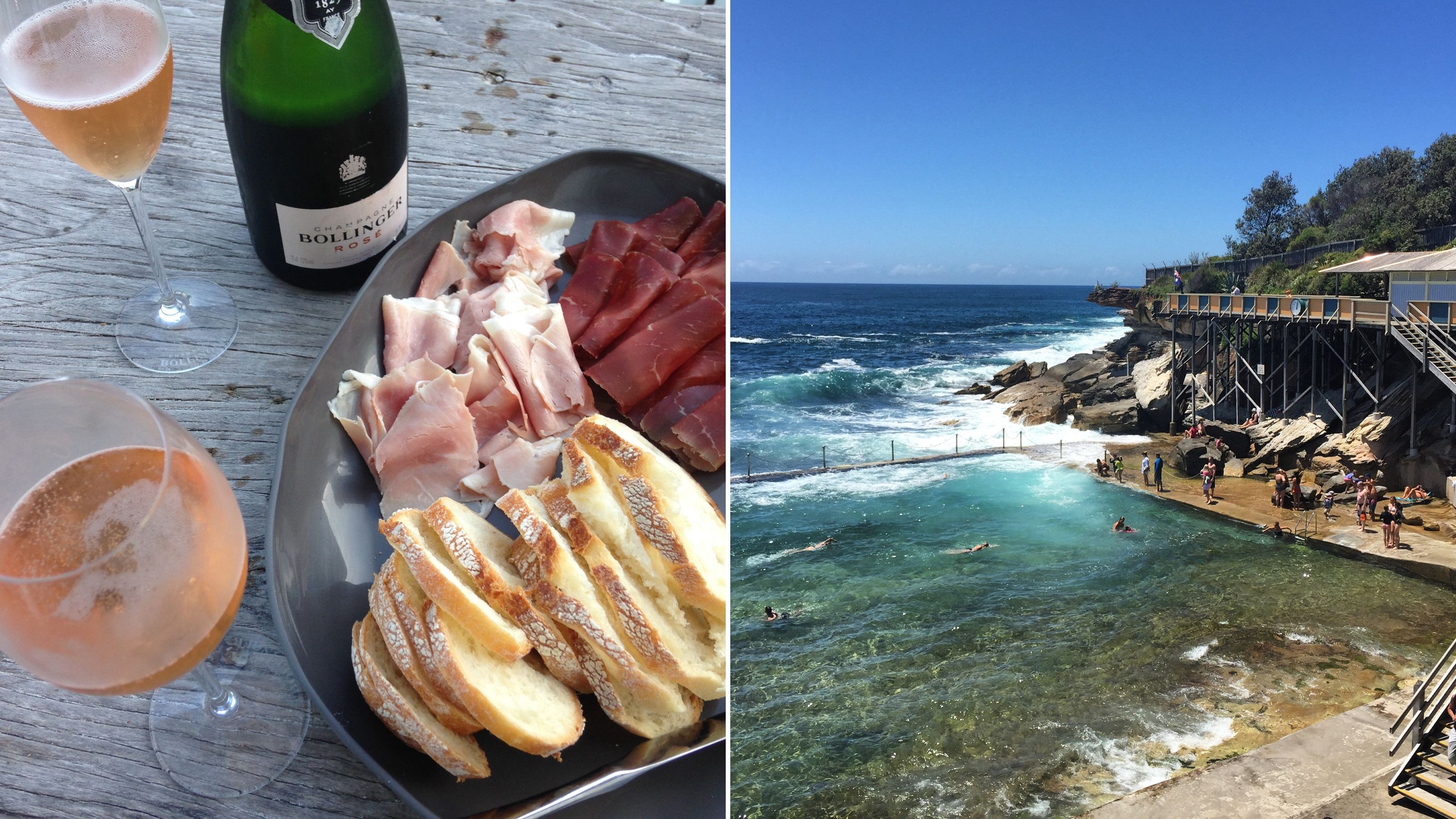 Champagne and charcuterie and Australian beach