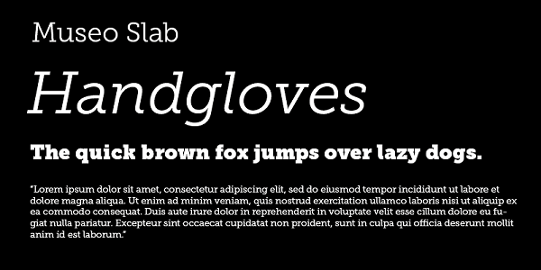 Museo Slab font family on black background with white text saying typographic standard phrases like 'the quick brown fox'