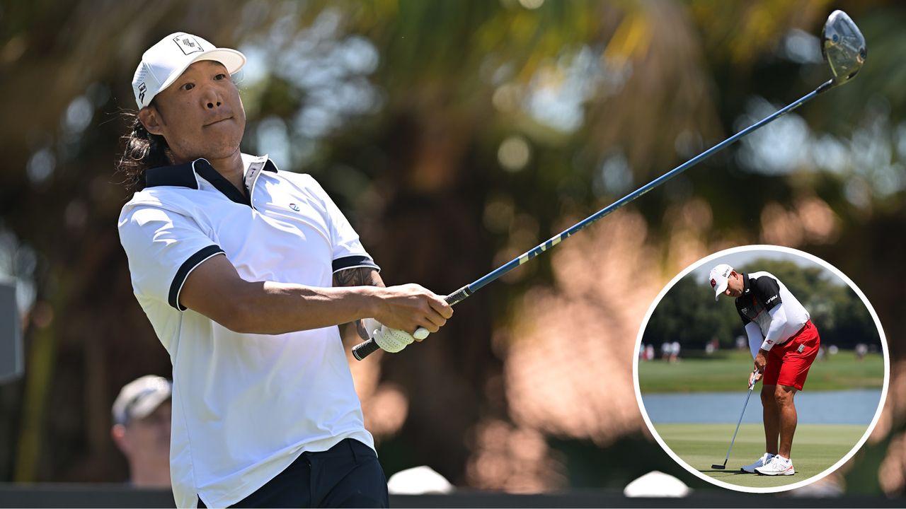 Anthony Kim strikes a tee shot whilst Sergio Garcia putts