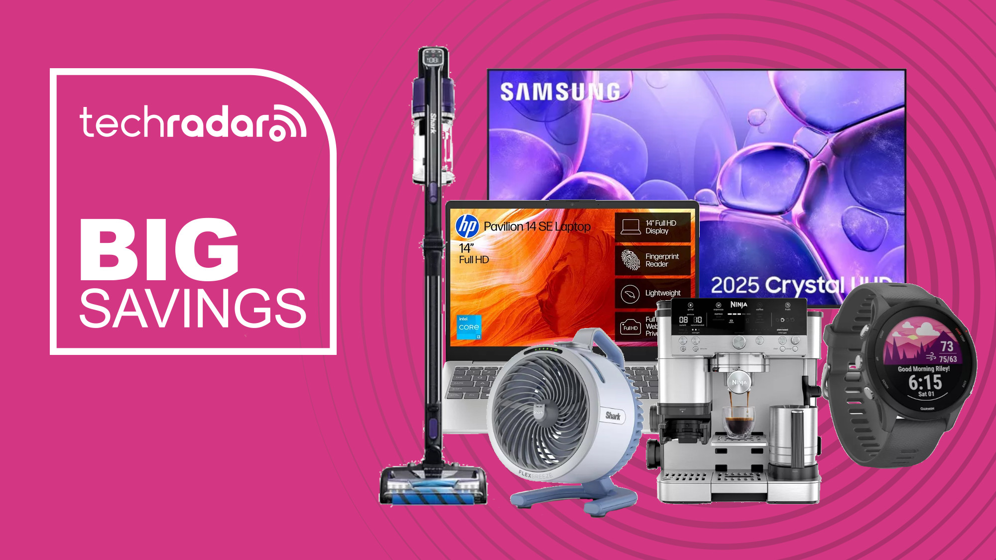 Collage of tech from the Currys Epic Deals sale, including Samsung TV, Shark Vacuum, HP laptop, Garmin smartwatch, Ninja coffee maker and Shark Fan