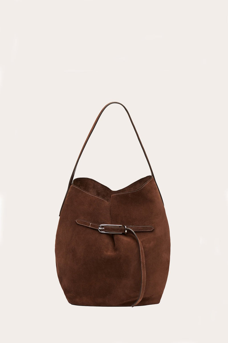 Belted Bucket Bag Large Dark Brown Suede