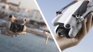 DJI Mini 4 Pro drone in flight, DJI Mini 4 Pro folded away in the hand