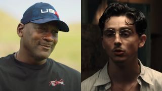 Michael Jordan speaks with Stephen Curry, while Marty Mauser (Timoth&eacute;e Chalamet) speaks in Marty Supreme.