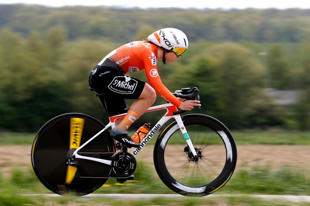 LUXEMBOURG CESSANGE LUXEMBOURG APRIL 29 Simone Boilard of Canada and Team St Michel Auber 93 sprints during the 14th Ceratizit Festival Elsy Jacobs 2022 Prologue a 22km Individual Time Trial stage from Cessange to Cessange ITT felsy on April 29 2022 in Luxembourg Cessange Luxembourg Photo by Bas CzerwinskiGetty Images