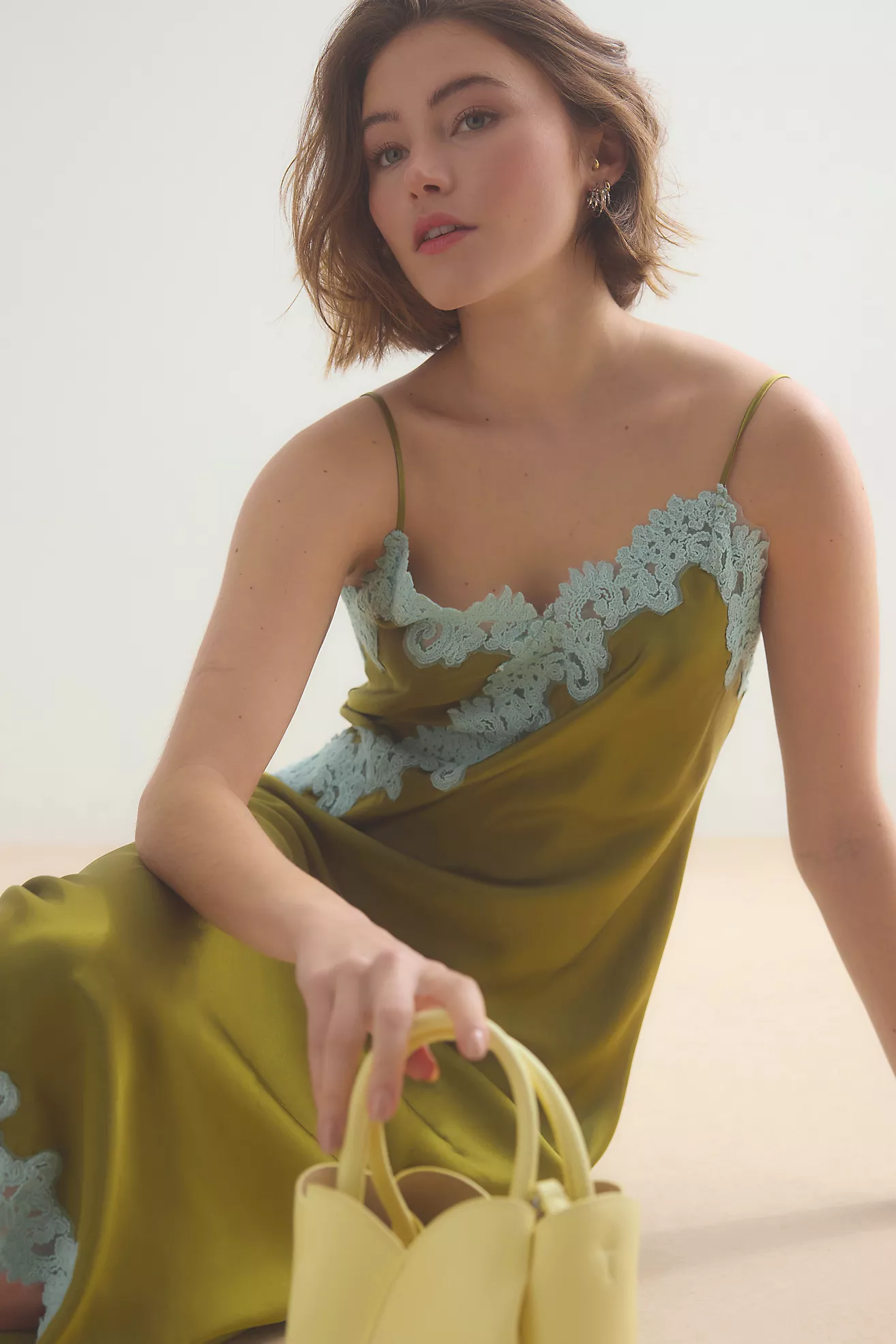By Anthropologie Olive Lace-Trim Satin Slip Dress