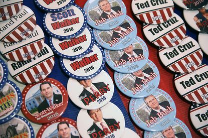 Republican 2016 presidential candidates' campaign buttons.