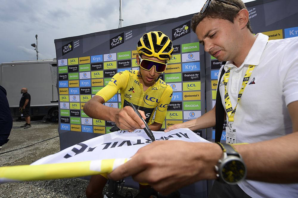 Egan Bernal (Team Ineos) wears the yellow jersey at the start of stage 20 at the Tour de France