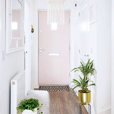 white hallway with pink front door and houseplants