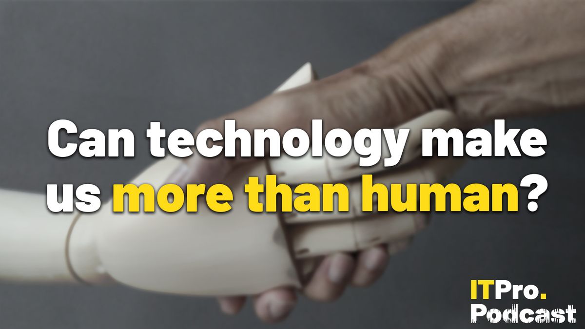 A human and robot shaking hands with &amp;quot;Can technology make us more than human&amp;quot; overlaid.