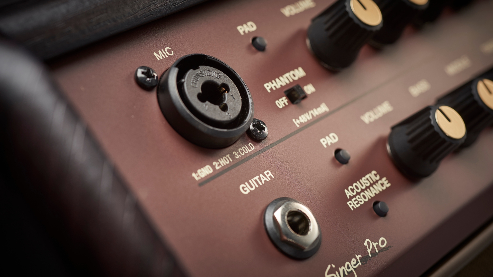Close up of the inputs on a Boss acoustic guitar amp