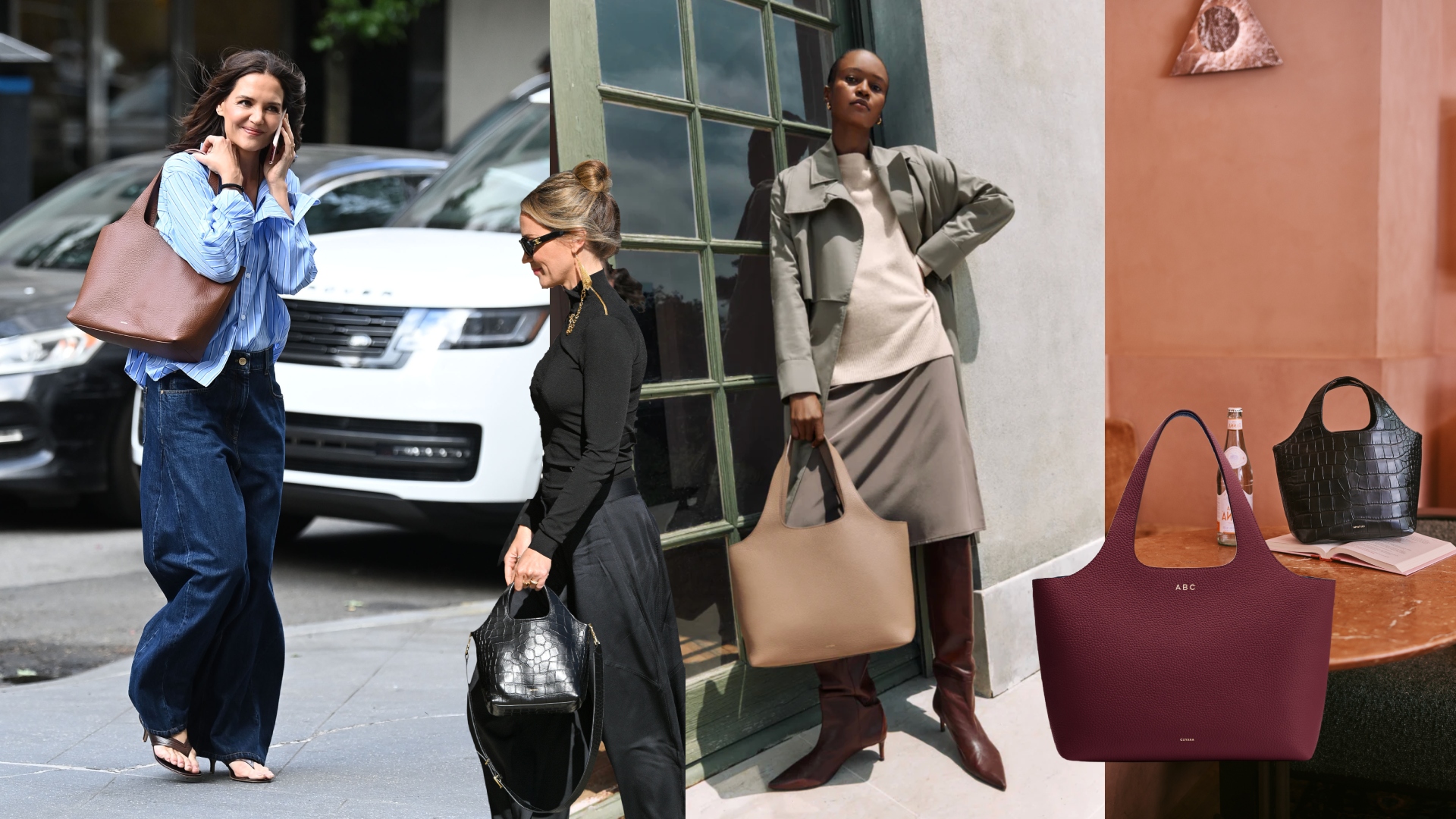 A collage featuring Katie Holmes and Emily Blunt carrying Cuyana's System Tote, as well as campaign images of the bag.