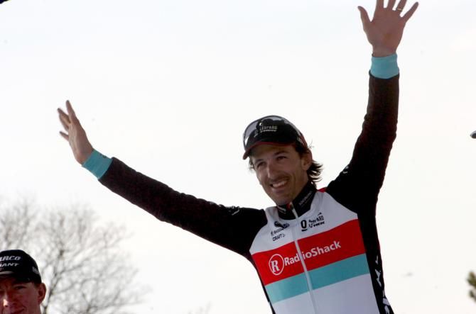 Fabian Cancellara (RadioShack Leopard) on the podium at Paris-Roubaix