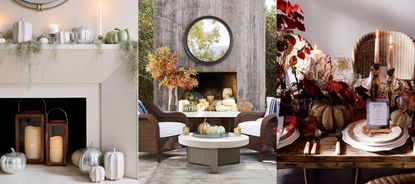 Faux pumpkins. Fireplace decorated with pumpkins. Cozy outside seat space with seasonal decor. Seasonal tablescape decor.