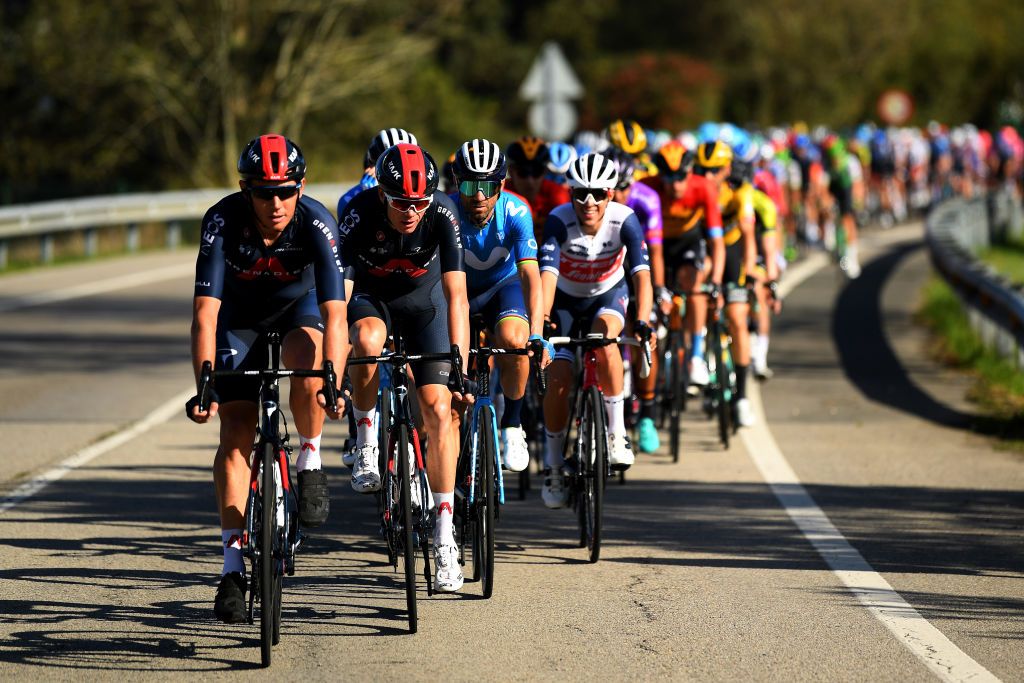 SUANCES SPAIN OCTOBER 30 Cameron Wurf of Australia and Team INEOS Grenadiers Christopher Froome of The United Kingdom and Team INEOS Grenadiers Jose Joaquin Rojas Gil of Spain and Movistar Team Juan Pedro Lopez of Spain and Team Trek Segafredo Peloton during the 75th Tour of Spain 2020 Stage 10 a 185km stage from Castro Urdiales to Suances lavuelta LaVuelta20 La Vuelta on October 30 2020 in Suances Spain Photo by David RamosGetty Images