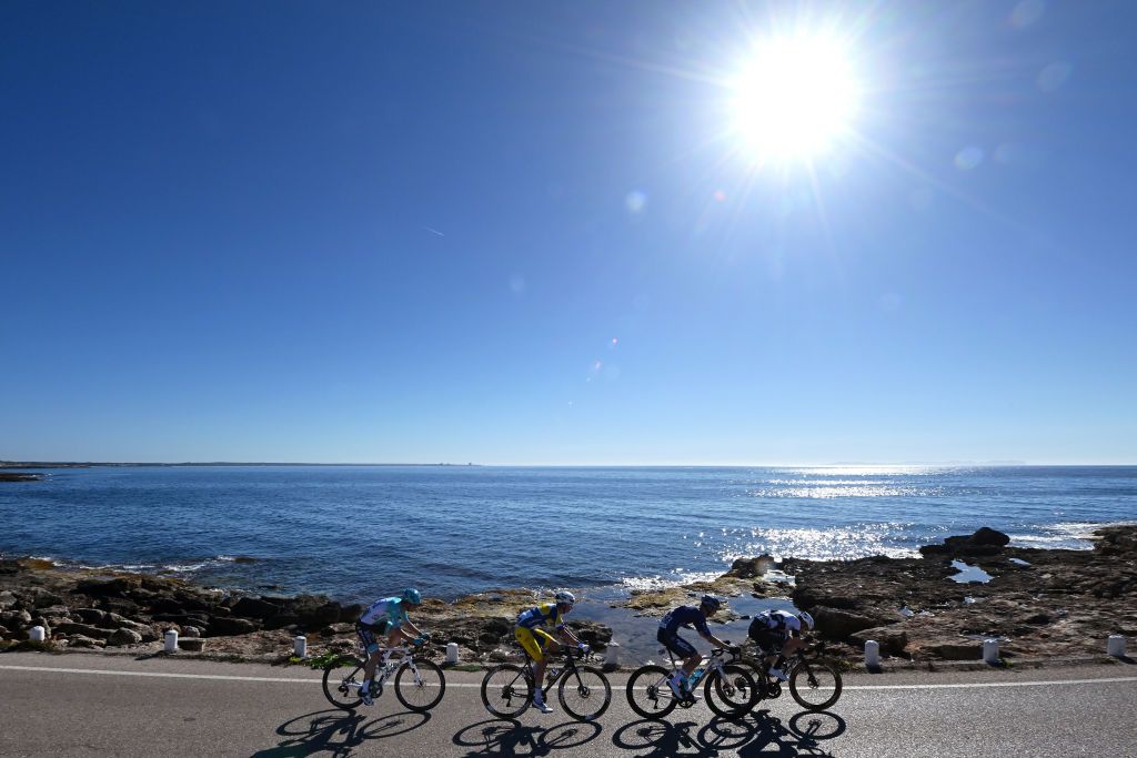 FELANITX SPAIN JANUARY 25 EDITORS NOTE Alternate crop LR Riccardo Lucca of Italy and Team VF Group Bardiani CSF Faizane Victor Vercouillie of Belgium and Team Flanders Baloise Ethan Craine of New Zealand and Team Project Echelon Racing and Edgar Curto of Spain and Team Illes Balears Arabay Cycling compete in the breakaway during the 33rd Challenge Ciclista Mallorca 2024 Trofeo Ses Salines Felanitx a 1812km one day race from Ses Salines to Felanitx 102m on January 25 2024 in Felanitx Spain Photo by Dario BelingheriGetty Images