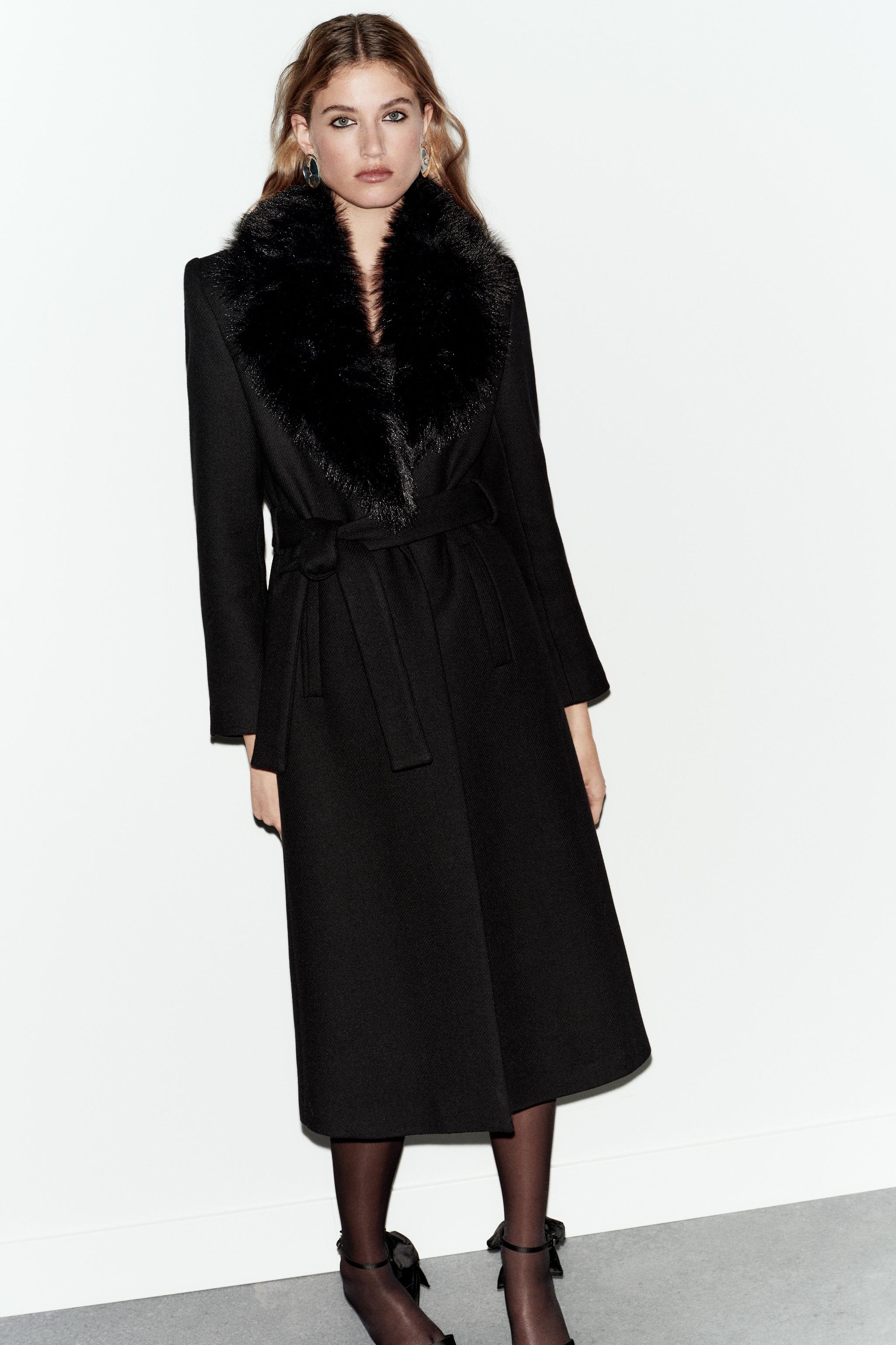 Wool Coat With Faux Fur Lapel and Belt