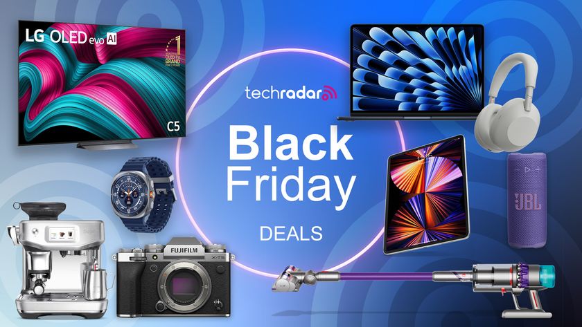 Assortment of tech and appliances on a coloured background with &quot;Black Friday&quot; text.