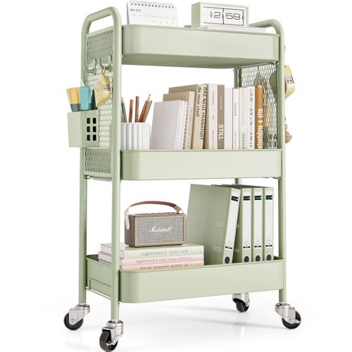 Toolf 3 Tier Rolling Cart, Metal Utility Storage Cart With Pegboard, Green | 2 Bins &amp;amp; 4 Hooks, Screwless Assembly, Lockable Wheels, Trolley Organizer for Bathroom, Kitchen, Office, Dorm, Craft Room