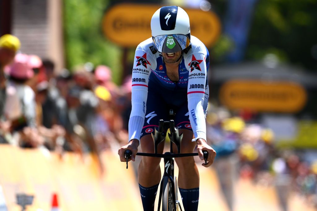 ROCAMADOUR FRANCE JULY 23 Mattia Cattaneo of Italy and QuickStep Alpha Vinyl Team crosses the finish line during the 109th Tour de France 2022 Stage 20 a 407km individual time trial from LacapelleMarival to Rocamadour TDF2022 WorldTour on July 23 2022 in Rocamadour France Photo by Tim de WaeleGetty Images