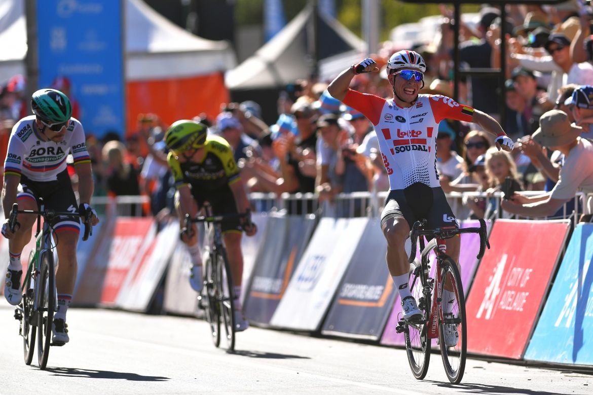 Caleb Ewan (Lotto Soudal) streaks across the line as the winner of the 2010 Down Under Classic