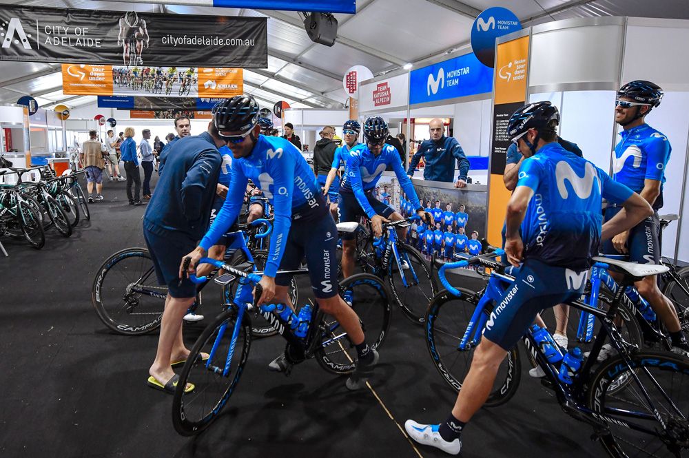 The Movistar riders get ready to roll out of the team tent