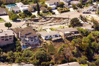 A massive landslide, measuring 200 feet by 240 feet (60 by 73 meters), opened up on Oct. 3, 2007, near San Diego, California. The landslide tore apart the pavement on Soledad Mountain Road in La Jolla's Mount Soledad neighborhood.