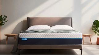 A simba mattress on a bed frame in a well lit bedroom